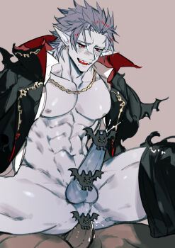  2boys abs anal anus ass azaya_(kuroi_azaya) bat_(animal) bat_wings blush cape censored chain clothing_aside cum cum_in_ass cumdrip dark-skinned_male dark_skin ejaculating_while_penetrated ejaculation erection gray_skin happy_sex jewelry large_pectorals large_penis legs_apart male_ass male_focus male_penetrated multiple_boys muscular muscular_arms muscular_legs muscular_male muscular_uke necklace nipples orgasm pants_around_one_leg pectorals penis perineal_bulge perineum reverse_cowgirl_position sequential sex shiny_skin smile spiked_hair spread_legs straddling sweat testicles thighs toned toned_male toned_stomach vampire veins veiny_penis well_used_anus white_hair wings yaoi 