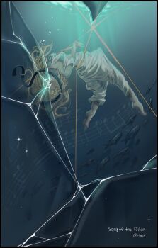  1girl arched_back bass_(fish) blindfold blonde_hair bound bound_torso breasts broken_glass cassie_(shadow_slave) cleavage dress glass highres holding_own_wrist hqrp long_hair musical_note musical_staff school_of_fish shadow_slave solo string underwater white_dress 