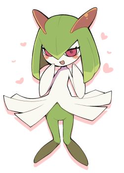  blush colored_skin gen_3_pokemon green_hair green_skin hair_between_eyes heart highres horns kirlia masha multicolored_skin nintendo open_mouth pink_eyes pokemon pokemon_(creature) sidelocks simple_background smile two-tone_skin white_background white_skin 