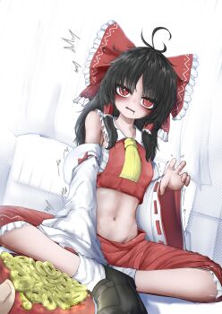  1girl 1other absurdres ascot black_hair black_shoes blush bow chest_sarashi coin commentary detached_sleeves drooling english_commentary frilled_bow frilled_hair_tubes frilled_skirt frills groin hair_bow hair_tubes hakurei_reimu highres holed_coin itanase loafers long_hair looking_at_viewer midriff navel open_mouth pov red_bow red_eyes red_skirt ribbon-trimmed_sleeves ribbon_trim sarashi shoes sitting skirt skirt_set socks touhou trembling white_socks yellow_ascot 