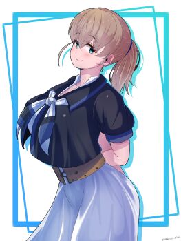  1girl absurdres arms_behind_back belt black_shirt blue_eyes breasts brown_belt brown_hair cowboy_shot hashtag-only_commentary highres intrepid_(kancolle) intrepid_kai_(kancolle) kantai_collection large_breasts multicolored_neckerchief neckerchief ponytail shirt short_hair skirt solo two-tone_background white_background white_skirt yoko_hata 