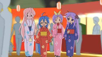  4girls black_bow blue_hair blurry blurry_background bow candy_apple floral_print food hair_bow highres hiiragi_kagami hiiragi_tsukasa holding holding_candy_apple holding_food izumi_konata japanese_clothes kimono long_hair lucky_star multiple_girls obon pink_bow pink_hair pink_kimono purple_hair purple_kimono red_kimono rytoua318 star_(symbol) star_print takara_miyuki twintails yellow_bow yukata 