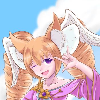  1girl 2021 angel_girl blonde_hair clavicles ear_wings fang indie_virtual_youtuber mister-ducky one_eye_closed purple_eyes smile solo suicidemaniac sylatria wink  rating:General score:0 user:tyciol