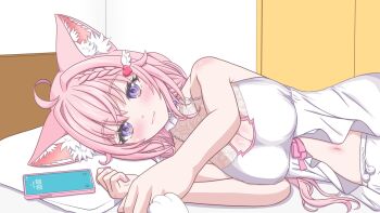  1girl ahoge animal_ears bare_shoulders bloomers blush breasts cellphone choker cleavage cleavage_cutout closed_mouth clothing_cutout collarbone commentary_request fingernails frilled_choker frills hair_ornament hairclip hakui_koyori hakui_koyori_(summer) heart heart_hair_ornament highres hololive indoors large_breasts lingerie long_hair looking_at_viewer lying nail_polish navel negligee on_side phone pillow pink_choker pink_eyes pink_hair pink_lips pink_nails pink_ribbon pom_pom_(clothes) ribbon smartphone smile solo_focus stomach tachiyama4691 two-tone_choker underwear virtual_youtuber white_bloomers white_choker white_negligee wing_hair_ornament wolf_ears wolf_girl 