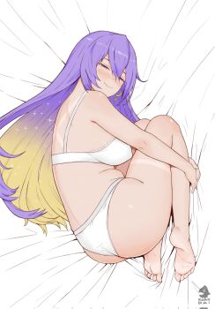  1girl armpit_crease artist_name ass barefoot bed_sheet belly blonde_hair blush bra breasts closed_mouth corrupted_twitter_file covered_erect_nipples earrings feet from_above full_body gradient_hair hair_between_eyes highres hololive hololive_indonesia hugging_own_legs jewelry knees_up kurodai711 lace lace-trimmed_bra lace_trim large_breasts legs long_hair looking_at_viewer lying moona_hoshinova multicolored_hair on_side panties purple_eyes purple_hair smile soles solo tan tanline thighs toes underwear underwear_only variant_set very_long_hair virtual_youtuber white_bra white_panties 