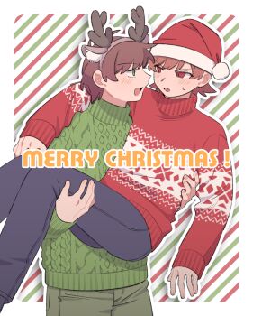  2boys animal_ears animification antlers black_pants blush border brown_hair carrying carrying_person christmas christmas_sweater commentary_request cowboy_shot deer_ears edd_(eddsworld) eddsworld english_text eye_contact fake_animal_ears fake_antlers green_eyes green_pants green_sweater hat horns long_sleeves looking_at_another male_focus merry_christmas mjsc_10 multiple_boys open_mouth outline pants princess_carry red_eyes red_sweater reindeer_antlers santa_hat short_hair standing striped_background sweater tord_(eddsworld) white_border white_outline yaoi 