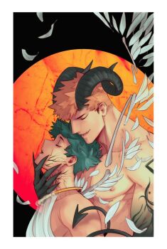  2boys 5mll3 alternate_costume ancient_greek_clothes bakugou_katsuki blonde_hair boku_no_hero_academia border closed_eyes collarbone colored_extremities curled_horns demon_boy demon_horns demon_tail falling_leaves fingernails greco-roman_clothes green_hair head_back horns leaf male_focus midoriya_izuku multiple_boys nipples open_mouth pectorals robe sharp_fingernails smile spiked_hair tail topless_male upper_body white_border white_robe yaoi 