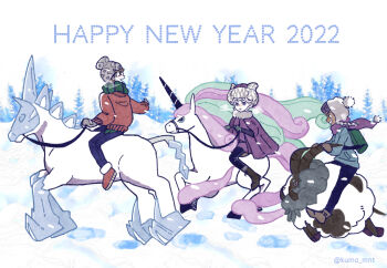  2022 3boys :o backpack bag beanie bede_(pokemon) black_pants blue_eyes blue_jacket blue_pants boots breath brown_boots brown_hair brown_shoes closed_eyes closed_mouth coat commentary_request dark-skinned_male dark_skin dubwool english_text footprints galarian_form galarian_rapidash gen_8_pokemon glastrier gloves green_bag green_scarf grey_gloves grey_hat happy_new_year hat highres holding holding_reins hop_(pokemon) horns horse ice jacket kumo_mnt long_sleeves looking_back male_focus multiple_boys new_year nintendo open_mouth outdoors pants pokemon pokemon_(creature) pokemon_swsh purple_coat purple_hair purple_hat purple_scarf red_sweater reins riding riding_pokemon scarf shoes single_horn smile snow snowing sweater teeth tree unicorn victor_(pokemon) white_hair white_hat winter_clothes 