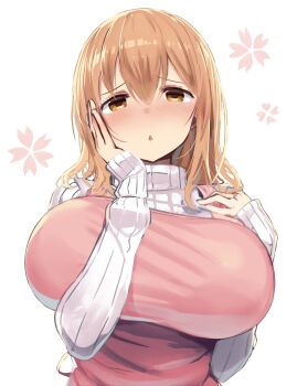  1girl apron blonde_hair blush breasts commentary_request floral_background greatmosu hand_on_own_cheek hand_on_own_face highres large_breasts long_sleeves looking_at_viewer orange_eyes parted_lips pink_apron solo sunohara_ayaka sunoharasou_no_kanrinin-san sweater upper_body white_background white_sweater 