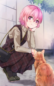  1boy bag belt belt_buckle black_pantyhose brown_dress brown_shirt buckle cat chain day dot_nose dress eyebrows_hidden_by_hair gold_chain hair_between_eyes handbag haruto_(nakaharu) highres light_blush long_dress long_sleeves looking_at_viewer nakaharu outdoors pantyhose pink_eyes pink_hair plaid_clothes plaid_dress shirt short_hair sleeveless sleeveless_dress smile squatting stone_wall trap tree turtleneck wavy_hair  rating:General score:6 user:LittleLoliPanties