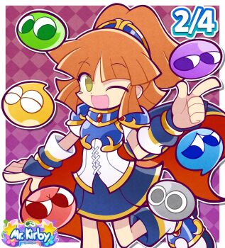  >_o 1girl argyle_background arle_nadja armor artist_logo blue_armor blue_boots blue_skirt blue_wrist_cuffs boots border brown_eyes commentary dated english_commentary gold_trim gradient_background high_ponytail highres leg_up logo looking_at_viewer mrkirbyan multicolored_boots one_eye_closed open_mouth orange_hair outline parted_bangs pleated_skirt pointing ponytail puffy_short_sleeves puffy_sleeves purple_background puyo_(puyopuyo) puyopuyo red_background shirt short_hair short_sleeves shoulder_plates skirt smile two-tone_boots white_boots white_border white_outline white_shirt wrist_cuffs 