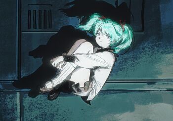  1girl aqua_hair black_shoes char's_counterattack closed_mouth commentary_request floating_hair from_side gundam hair_between_eyes hair_ribbon highres kneehighs knees_to_chest light_smile long_sleeves looking_at_viewer mary_janes muluo0128 purple_eyes quess_paraya red_ribbon ribbon shadow shirt shoes skirt socks solo twintails uneven_twintails white_shirt white_skirt white_socks zero_gravity 