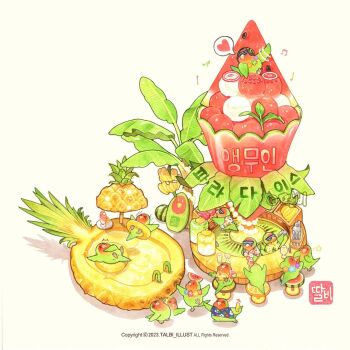  ^^^ animal banana bartender bird chibi chibi_only cocktail_shaker cocktail_umbrella commentary_request copyright_notice cup dj dragon_fruit drinking_glass drinking_straw flower flower_necklace food fruit hawaiian_shirt heart holding holding_cocktail_shaker ice ice_cube jewelry juice korean_commentary leaf lei musical_note necklace no_humans on_food original parrot pineapple shirt simple_background spoken_heart star_(symbol) sunglasses surfboard talbi watermark watermelon white_background 