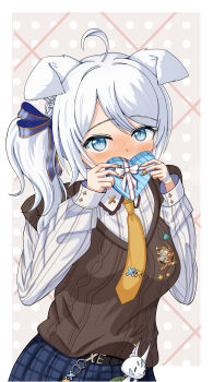  1girl absurdres ahoge animal_ear_fluff animal_ears bandaged_fingers bandages belt blue_skirt blush box braid breasts cardigan commentary_request fang fox_ears fox_girl fox_tail gift gift_box green_eyes grey_cardigan hair_between_eyes heart-shaped_box highres holding hololive long_hair looking_at_viewer medium_breasts necktie official_alternate_costume plaid_clothes plaid_skirt shirakami_fubuki shirakami_fubuki_(11th_costume) shirt sidelocks single_braid skirt solo sukonbu_(shirakami_fubuki) tail user_akyw5557 valentine virtual_youtuber white_hair white_shirt yellow_necktie 