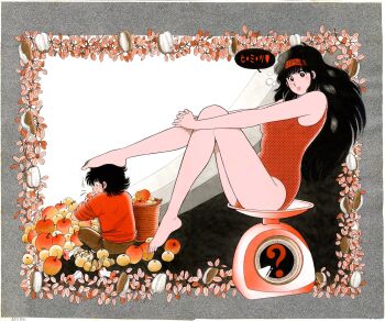  1boy 1girl :p ? aoba_shunsuke apple asaoka_natsumi bare_arms bare_legs barefoot basket bitten_apple black_eyes black_hair breasts brown_eyes brown_pants commentary_request eating food food_bite fruit hairband heart highres holding holding_food holding_fruit indian_style interlocked_fingers kitchen_scale knees_up leaf long_hair medium_breasts miura_mitsuru nashi_pear official_art one-piece_swimsuit own_hands_together pants red_hairband red_one-piece_swimsuit red_shirt red_theme shirt short_hair sitting speech_bubble spoken_heart swimsuit the_kabocha_wine thighs tongue tongue_out translated weighing_scale 