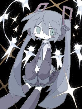  1girl blush_stickers green_eyes hair_between_eyes hatsune_miku long_hair necktie skirt solo suzua_(sofw0) twintails vocaloid  rating:General score:1 user:anon2anon2