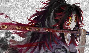 1boy 9boksen absurdres black_hair colored_sclera colored_tips commentary_request demon_boy extra_eyes highres holding holding_sword holding_weapon japanese_clothes katana kimetsu_no_yaiba kokushibou long_hair male_focus multicolored_hair ponytail red_hair red_sclera solo sword text_in_eyes two-tone_hair weapon 