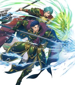  2boys aqua_eyes armor attack axe battle_axe belt blue_eyes blue_hair boots cape cosplay ephraim_(fire_emblem) ephraim_(sacred_twin_lord)_(fire_emblem) fado_(fire_emblem) fado_(fire_emblem)_(cosplay) fighting_stance fire_emblem fire_emblem:_the_blazing_blade fire_emblem:_the_sacred_stones fire_emblem_heroes full_body gauntlets green_armor grin hector_(brave_warrior)_(fire_emblem) hector_(fire_emblem) highres holding holding_axe holding_polearm holding_shield holding_weapon kuren loincloth male_focus maltet_(fire_emblem) multiple_boys nintendo non-web_source official_alternate_costume official_art open_mouth pants polearm purple_cape shield short_hair shoulder_armor smile spear teeth uther_(fire_emblem) uther_(fire_emblem)_(cosplay) weapon 