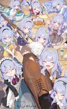  6+girls ^_^ absurdres alternate_costume artist_name bed_invitation brown_shorts chopsticks clone closed_eyes commentary_request enmaided green_tea grey_hair highres holding holding_chopsticks holding_nose idolmaster idolmaster_(classic) long_hair maid midnamana mini_person minigirl multiple_girls red_eyes rice shijou_takane shorts sweatdrop tea toothbrush very_long_hair wooden_floor xo 