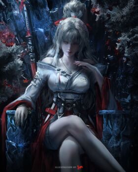  1girl absurdres artist_name breasts closed_mouth commentary crossed_legs english_commentary feet_out_of_frame hakama hand_up highres hiyuki_(wuthering_waves) japanese_clothes jewelry jvn long_hair looking_at_viewer medium_breasts necklace off_shoulder ponytail red_eyes red_hakama sitting solo sword weapon white_hair wuthering_waves 