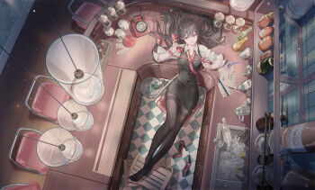  1girl absurdres antique_phone bang_dream! bang_dream!_it's_mygo!!!!! bar_(place) bartender black_hair black_skirt black_vest bottle cable chair chinese_commentary commentary_request commission cup from_above hair_spread_out highres holding holding_phone ice lamp light_particles long_hair necktie no_shoes pantyhose phone purple_eyes red_necktie rotary_phone second-party_source shiina_taki skirt solo thighband_pantyhose three-quarter_sleeves vest wuzhuang_caikuangche 