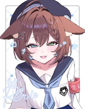  1girl ahoge animal_ear_fluff animal_ears armband artist_request beret black_hat blue_eyes blue_hair blue_neckerchief blue_one-piece_swimsuit blush braid braided_bangs breast_pocket brown_hair cat_ears cat_girl colored_inner_hair commentary_request cropped_shirt drawn_heart ears_down fang frown green_eyes hair_ornament hairclip half-closed_eyes hat heterochromia highres indie_virtual_youtuber looking_at_viewer michiyo_mao multicolored_hair neckerchief one-piece_swimsuit pocket red_armband safety_pin school_uniform second-party_source serafuku short_hair skin_fang spanish_commentary swimsuit swimsuit_under_clothes upper_body virtual_youtuber white_background white_serafuku x_hair_ornament 