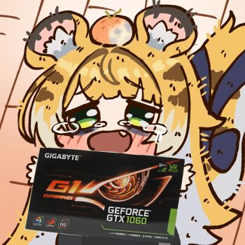  1girl animal_ears blonde_hair bluebird_(leh951025) blush box chibi crying crying_with_eyes_open graphics_card green_eyes head_bump highres holding holding_box ju_fufu solo striped_fur striped_hair tail tears tiger_ears tiger_girl tiger_stripes tiger_tail zenless_zone_zero 