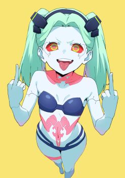 1girl :p aqua_hair blue_skin breasts cleavage colored_sclera colored_skin commentary_request cyberpunk_(series) cyberpunk:_edgerunners double_middle_finger fingernails green_eyes highres kamidan looking_at_viewer medium_hair middle_finger open_mouth rebecca_(cyberpunk) red_sclera simple_background small_breasts solo teeth tongue tongue_out twintails upper_teeth_only yellow_background  rating:Sensitive score:73 user:danbooru
