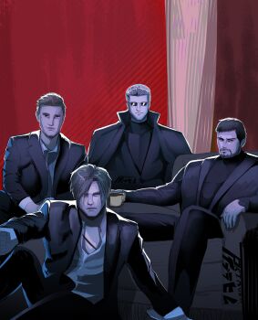  4boys absurdres albert_wesker beard beard_stubble chris_redfield commentary english_commentary ethan_winters facial_hair formal_clothes highres leon_s._kennedy male_focus multiple_boys primusibi resident_evil resident_evil_5 resident_evil_requiem resident_evil_village round_eyewear stubble suit sunglasses 