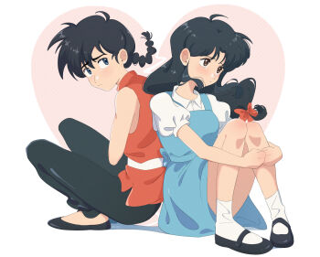  1boy 1girl back-to-back black_hair blue_dress blue_eyes bow braid brown_eyes chinese_clothes commentary dress hair_bow highres hugging_own_legs light_frown long_hair low-tied_long_hair lowrri puffy_short_sleeves puffy_sleeves raised_inner_eyebrows ranma_1/2 saotome_ranma short_sleeves single_braid sitting tendou_akane untranslatable_commentary 