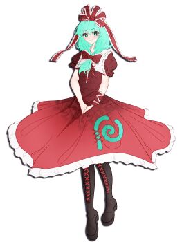  1girl absurdres aqua_eyes aqua_hair boots bow commentary dress full_body hair_bow hair_ribbon highres kagiyama_hina lace-up_boots long_hair looking_at_viewer own_hands_together puffy_short_sleeves puffy_sleeves red_bow red_dress ribbon short_sleeves simple_background smile solo touhou white_background zaguromaru 