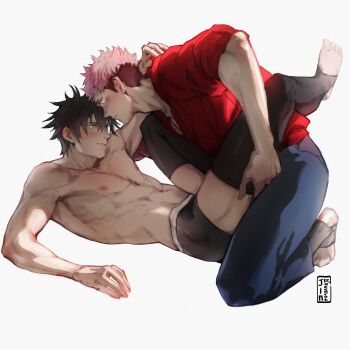  2boys abs absurdres artist_name barefoot between_legs black_hair black_male_underwear blue_pants blush boxer_briefs full_body fushiguro_megumi green_eyes highres itadori_yuuji jinrozenrot jujutsu_kaisen looking_at_another male_focus male_underwear multiple_boys navel nipples pants parted_lips pink_hair red_shirt shirt simple_background stirrup_legwear toeless_legwear toned toned_male topless_male underwear white_background yaoi 