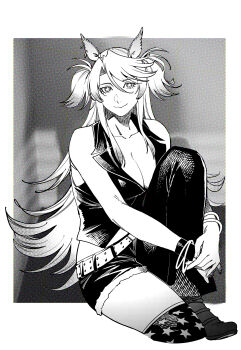  1girl absurdres american_flag_legwear animal_ears artist_name breasts cleavage greyscale highres horse_ears horse_tail long_hair looking_at_viewer monochrome obey_your_master_(umamusume) ruukii_drift smile solo star-shaped_pupils star_(symbol) symbol-shaped_pupils tail umamusume vest 