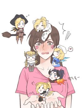  6+girls alternate_costume animal animal_ears blush broom brown_hair chibi collarbone combat_medic_ziegler d.va_(overwatch) devil_mercy facial_mark female_focus halo heart highres kiss kissing_cheek korean_text long_hair mechanical_wings mercy_(overwatch) multiple_girls multiple_persona overwatch overwatch_1 pink_shirt pocket ponytail servandakin shirt shirt_pocket tail translation_request valkyrie_mercy white_background wings witch_mercy 