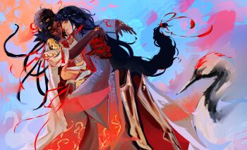  2girls abstract_background alternate_costume alternate_universe armor bird blunt_bangs boots braid brown_hair carrying catfurnac3 closed_eyes closed_mouth colored_veins commentary commission couple crossover dark-skinned_female dark_skin dress english_commentary genshin_impact glitter glitter_makeup gold_armor gold_tattoo hair_ornament hair_ribbon hair_up heads_together highres hug japanese_clothes league_of_legends leaning_forward leaning_on_person leaning_to_the_side light_smile long_braid long_sleeves looking_down mel_(league_of_legends) multiple_girls outdoors princess_carry purple_eyes purple_hair raiden_shogun red_ribbon ribbon shade shoulder_plates single_braid standing thigh_boots upper_body very_dark_skin wide_sleeves yuri 