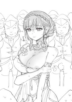  1girl 6+boys areola_slip bare_arms bare_shoulders braid breast_awe breasts bulge cleavage collar commentary dancer dancer_(fire_emblem:_three_houses) earrings erection erection_under_clothes fire_emblem fire_emblem:_three_houses frown hand_on_own_arm imminent_gangbang imminent_rape jewelry large_breasts looking_down marianne_von_edmund marianne_von_edmund_(serene_adherent) monochrome multiple_boys nervous nervous_smile nervous_sweating nintendo pervert scared short_hair simple_background smile surrounded sweat sweatdrop traditional_media uncomfortable user_asdh4524 