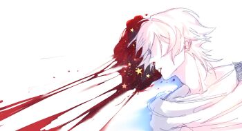  1boy blood blood_from_mouth blood_on_ground caelus_(honkai:_star_rail) closed_mouth collarbone commentary english_commentary greyscale highres honkai:_star_rail honkai_(series) injury male_focus monochrome no_eyes nosebleed shadow shirt short_hair short_sleeves shushanoe simple_background sketch solo star_(symbol) t-shirt trailblazer_(honkai:_star_rail) upper_body 