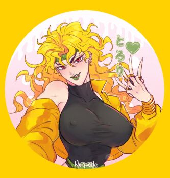  1girl artist_name bangle blonde_hair bracelet breasts commentary covered_erect_nipples cropped_jacket dio_brando earrings english_commentary fang genderswap genderswap_(mtf) green_lips headband heart holding holding_knife hoop_earrings huge_breasts jewelry jojo_no_kimyou_na_bouken knife licking_lips lipstick long_hair long_sleeves makeup noquelle off_shoulder parted_lips red_eyes round_image skin_tight solo stardust_crusaders tongue tongue_out translation_request turtleneck yellow_background 