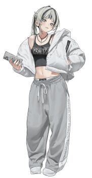  1girl :3 :p absurdres black_hair black_tank_top blonde_hair blush breasts cellphone closed_mouth commentary_request cross-shaped_pupils ear_piercing earrings fingernails full_body green_hair grey_eyes grey_pants hand_in_pocket highres holding holding_phone jacket jewelry light_blush long_hair long_sleeves looking_at_viewer mashiro_kta midriff mole mole_on_neck multicolored_hair navel necklace open_clothes open_jacket original panties pants panty_peek phone piercing shoes simple_background single_bare_shoulder small_breasts smartphone solo streaked_hair sweatpants symbol-shaped_pupils tachi-e tank_top tongue tongue_out underwear white_background white_jacket white_shoes y2k_fashion zipper zipper_pull_tab 