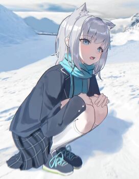  1girl animal_ear_fluff animal_ears black_jacket black_shoes black_skirt blue_archive blue_eyes blue_scarf blush day dodosaae extra_ears full_body grey_hair hands_on_own_knees highres jacket kneehighs long_sleeves medium_hair open_mouth outdoors pleated_skirt scarf shiroko_(blue_archive) shoes sidelocks skirt sneakers snow socks solo squatting white_socks winter wolf_ears 