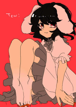  1girl animal_ears bad_id bad_pixiv_id barefoot black_hair dress fingernails frilled_dress frills inaba_tewi long_dress long_fingernails nail_polish pink_dress puffy_short_sleeves puffy_sleeves rabbit_ears rabbit_girl red_background red_eyes shimana_(cs-ts-az) short_sleeves sitting touhou  rating:General score:2 user:danbooru