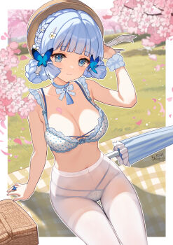  1girl artist_name ayaka_(genshin_impact) blue_butterfly blue_dress blue_eyes blue_hair blunt_bangs blunt_tresses bow bow_bra bra braid braided_hair_rings breasts brown_hat bug butterfly butterfly_hair_ornament butterfly_ring cherry_blossoms cleavage collar commentary_request crotch_seam dress earmuffs flower genshin_impact hair_flower hair_ornament hair_rings hair_up hat hat_flower hat_ornament highres insect kamisato_ayaka kamisato_ayaka_(springbloom_missive) kkkula_(kula) large_breasts leaf_hat_ornament looking_at_viewer mole mole_under_eye official_alternate_costume official_alternate_hairstyle panties panties_under_pantyhose pantyhose polka_dot polka_dot_bra polka_dot_panties smile solo tassel thigh_gap thighband_pantyhose underwear white_bra white_panties white_pantyhose 