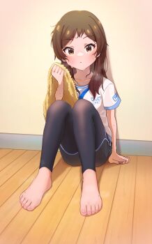  1girl absurdres barefoot black_leggings black_pants blush brown_eyes brown_hair cabbage_(chlehd2239) closed_mouth feet highres holding holding_towel idolmaster idolmaster_million_live! idolmaster_million_live!_theater_days kitazawa_shiho leggings lesson_wear_(idolmaster_million_live!) long_hair looking_at_viewer messy_hair pants parted_bangs shirt short_sleeves sitting solo sweat toes towel white_shirt  rating:Sensitive score:45 user:danbooru