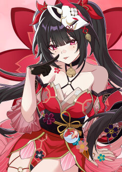  1girl :p absurdres bare_shoulders bell black_gloves black_hair breasts chinese_commentary cleavage collarbone commentary_request dress fox_mask gloves hair_ornament half_gloves hasana highres honkai:_star_rail honkai_(series) japanese_clothes kimono long_hair looking_at_viewer mask mask_on_head medium_breasts mole mole_on_cheek o-ring red_kimono sitting solo sparkle_(honkai:_star_rail) tongue tongue_out twintails very_long_hair 