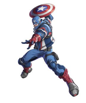  1boy belt captain_america captain_america_(series) commentary english_commentary full_body gloves highres holding holding_shield jacket knee_pads looking_at_viewer marvel marvel_tokon:_fighting_souls mask official_art open_mouth shield simple_background solo steve_rogers superhero_costume third-party_source utility_belt 