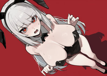  1girl animal_ear_hairband animal_ears black_bow black_bowtie black_leotard black_shoes bow bowtie breasts breasts_apart collar commentary detached_collar fake_animal_ears full_body grey_hair habin_(rusellunt) hairband large_breasts leotard long_hair looking_at_viewer lower_teeth_only open_mouth original playboy_bunny rabbit_ears red_background red_eyes rusellunt shoes simple_background solo sweat teeth white_collar white_wrist_cuffs wrist_cuffs 