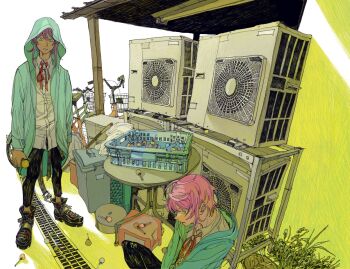  2boys ahoge amemura_ramuda ankle_boots arms_at_sides awning bicycle bicycle_basket black_boots black_pants blank_stare blue_coat blue_eyes boots buckle candy capri_pants clone coat collared_shirt commentary condenser_unit cowlick crosshatching expressionless food full_body grate hair_between_eyes hatching_(texture) heart heart-shaped_buckle highres holding holding_microphone hood hood_up hooded_coat hypnosis_mic hypnosis_microphone lace-up_boots linear_hatching lollipop looking_ahead looking_at_another looking_down male_focus manhole_cover microphone multiple_boys n_uu_nn neck_ribbon on_ground open_clothes open_coat outdoors pants pink_hair profile red_ribbon ribbon shade shirt short_hair_with_long_locks sidelocks sitting slouching spoilers standing step_stool table trash_bag weeds white_shirt 