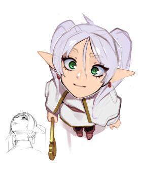  1girl absurdres black_pantyhose boots brown_boots combos_&amp;_doodles commentary earrings elf english_commentary frieren green_eyes highres jewelry looking_up meme multiple_views pantyhose pointy_ears sousou_no_frieren upward_angle_frieren_drawing_(meme) white_background white_hair 