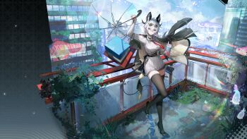  1girl ahoge arm_up bad_link bag black_horns black_jacket black_nails black_shoes black_tail black_thighhighs breasts clothing_cutout cup curled_horns demon_tail detexted disposable_cup dress earrings elbow_carry eyewear_on_head fingernails grey_dress grey_hair grey_shorts hair_between_eyes high_heels highres holding holding_cup holding_umbrella horns jacket jacket_on_shoulders jewelry large_breasts long_hair looking_at_viewer nail_polish necktie official_alternate_costume official_art red_eyes red_necktie shoes shopping_bag shorts shoulder_cutout smile solo sunglasses tail thighhighs thighs third-party_edit third-party_source umbrella wuthering_waves zani_(downtown_repose)_(wuthering_waves) zani_(wuthering_waves) 