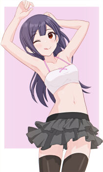  1girl absurdres armpits crop_top highres long_hair looking_at_viewer midriff miniskirt navel one_eye_closed purple_hair red_eyes rinshi skirt thighhighs zettai_ryouiki  rating:Sensitive score:17 user:fekler99